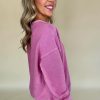 Women's Bright Pink Solid Color Notched Neck Drop Shoulder Sweatshirt - Image 5