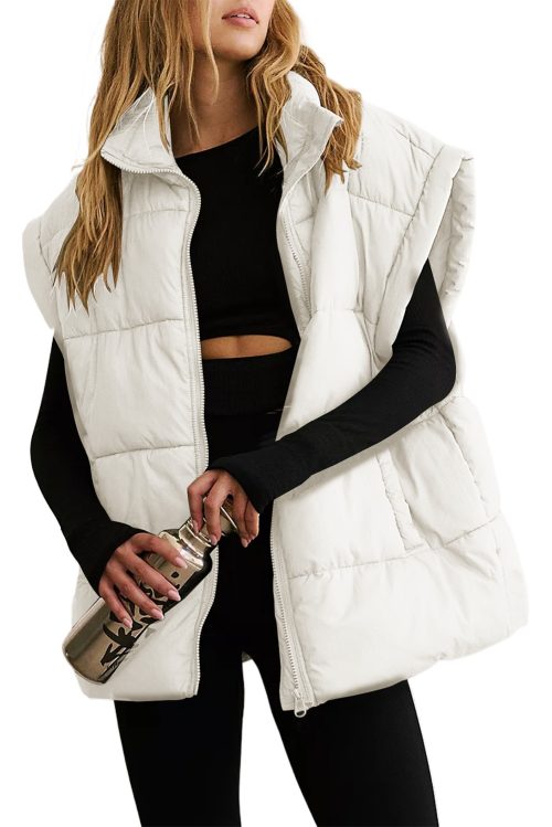 Women's Beige Oversized Puffer Vest with Zipper Stand Neck - Stylish Winter Outerwear