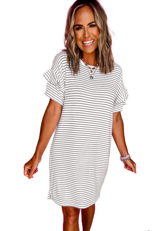 Women's White Stripe Ruffled Short Sleeve Crew Neck T-Shirt Shift Mini Dress