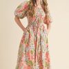 Women's Apricot Pink Floral Smocked Bust Bubble Short Sleeve Maxi Dress - Elegant Spring Summer Style - Image 5