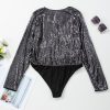 Women's Black Sequin Mesh Long Sleeve Surplice Neck Bodysuit - Image 4