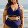 Plus Size Navy Blue Embroidered Trim Wrap Tie Knot High Waisted Bikini - Image 7