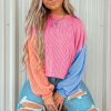 Women's Corded Texture Rose Red Colorblock Patchwork Long Sleeve Top - Image 5