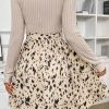 Women's Beige Patchwork Belted A-Line Dress with Long Sleeves - Image 2