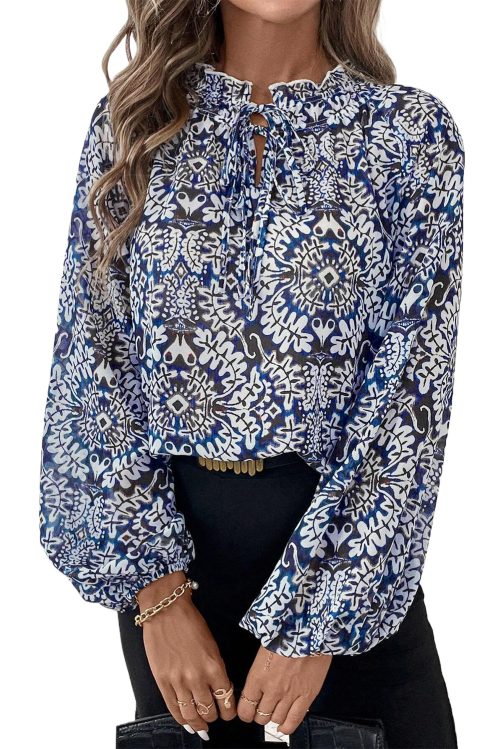 Women's Blue Tribal Print Lace-Up Frilled Neck Puff Sleeve Blouse - Elegant and Stylish