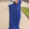 Women's Sky Blue Corded Drawstring High Waist Plus Size Wide Leg Pants - Image 3