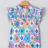 Women's Light Blue Geometric Printed Flutter Sleeve Mock Neck Shirred Blouse - Image 10