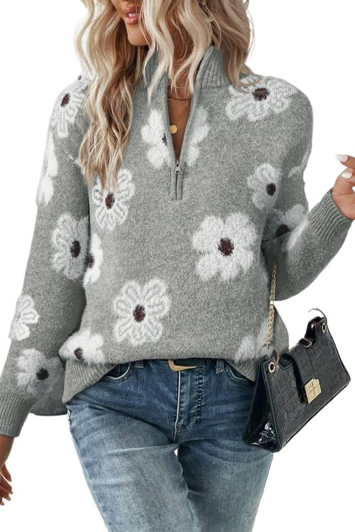 Women's Gray Floral Pattern Half Zip Drop Shoulder Sweater