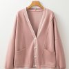 Women's Pink Stripe Contrast Trim V Neck Buttoned Front Pocketed Knit Cardigan - Image 6