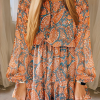 Women's Orange Paisley Print Loose Fit Drawstring High Waist Mini Dress - Image 2