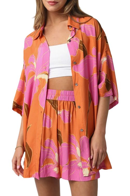 Women's Russet Orange Floral Print Tunic Shirt and Loose Shorts Set - Casual Summer Outfit