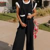 Women's Black Color Block Pocketed T-Shirt and Wide Leg Pants Set - Image 3