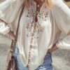 Women's Beige Floral Embroidered Textured Puff Sleeve Loose Shirt - Image 9