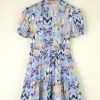 Women's Purple Butterfly Print Short Puff Sleeve Pleated Ruffle Dress - Image 6