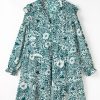 Plus Size Women's Green Floral Flounce Sleeve Split Neck Mini Dress - Image 7