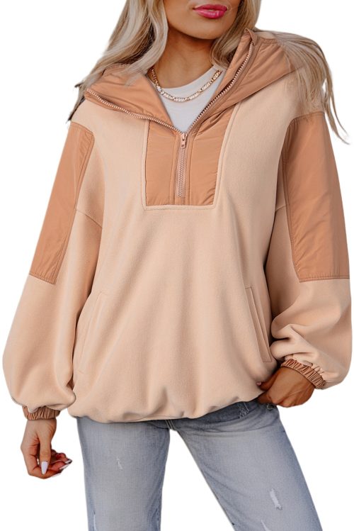 Women's Oversized Sherpa Hoodie with Half Zip and Colorblock Design