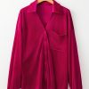 Women's Pitaya Pink Velvet V Neck Shirt with Button and Chest Pocket - Image 11