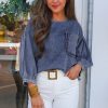 Women's 3/4 Sleeve Ruffled Pocket Denim Blouse in Sky Blue - Image 3