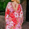 Plus Size Rose Mixed Floral Long Sleeve V Neck Lace-Up Dress with Hollowed Back - Image 6