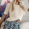 Elegant Women's Beige Hollow Out Crochet O Neck Short Sleeve Sweater Tee - Image 12