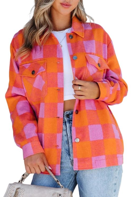 Women's Orange Plaid Chest Pocket Button-up Turn Down Collar Jacket