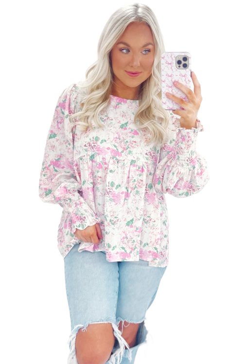 Women's Pink Floral Print Babydoll Blouse with Shirred Balloon Sleeves and Keyhole Back