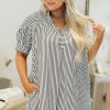 Plus Size Black Stripe Short Sleeve Buttoned V Neck Mini Dress with Pockets - Image 3