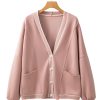 Women's Pink Stripe Contrast Trim V Neck Buttoned Front Pocketed Knit Cardigan - Image 13