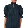 Elegant Green Stripe Plaid Puff Sleeve Blouse with Frilled Trim - Image 13