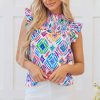 Women's Light Blue Geometric Printed Flutter Sleeve Mock Neck Shirred Blouse - Image 6