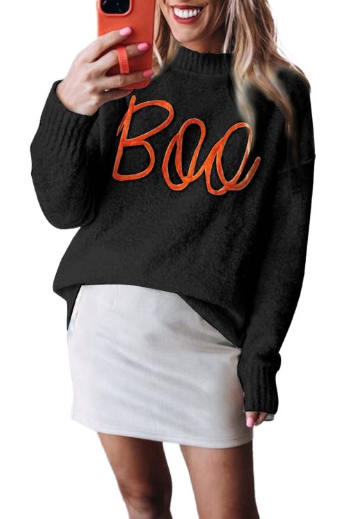 Women's Black Boo Knitted Long Sleeve Sweater with Ribbed Edge