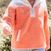 Orange Colorblock Half Zipper Stand Neck Sherpa Sweatshirt for Women - Image 7