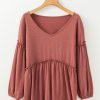 Women's Mineral Red Textured Frilled Trim V Neck Puff Sleeve Blouse - Chic and Casual - Image 8