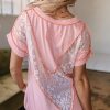 Women's Light Pink Lace Patchwork V Neck T-Shirt with Exposed Seams - Image 2