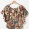 Women's Apricot Paisley Printed Off Shoulder Blouse with Ruffled Draped Sleeves - Image 14