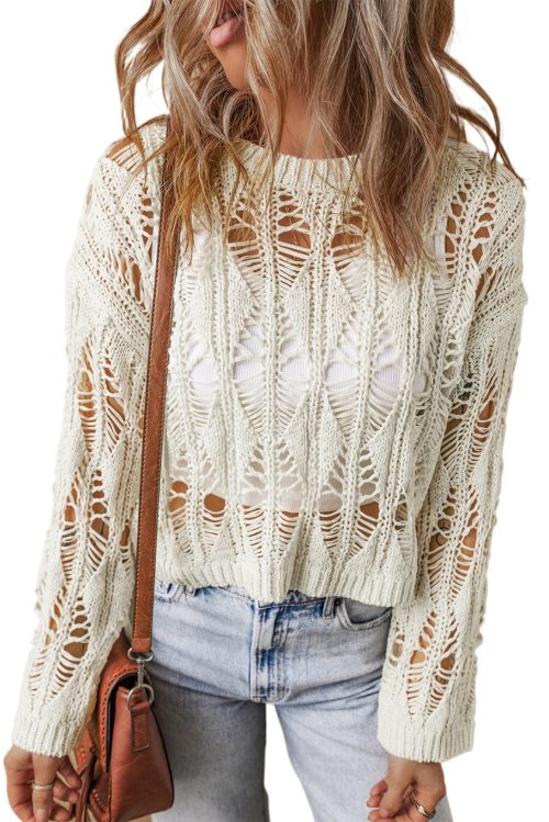 Women's White Cut Out Crochet Crew Neck Loose Fit Sweater