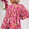 Women's Pink Floral Print Batwing Sleeve Buttoned Loose Fit Shirt - Image 6