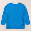 Women's Casual Blue Ribbed Long Sleeve Top with Exposed Seam Detail - Image 3