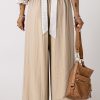 Women's Beige Drawstring Waist Pleated Wide Leg Casual Pants - Image 2