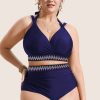 Plus Size Navy Blue Embroidered Trim Wrap Tie Knot High Waisted Bikini - Image 14