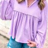 Women's Phalaenopsis Corded V Neck Bubble Sleeve Babydoll Blouse - Image 2