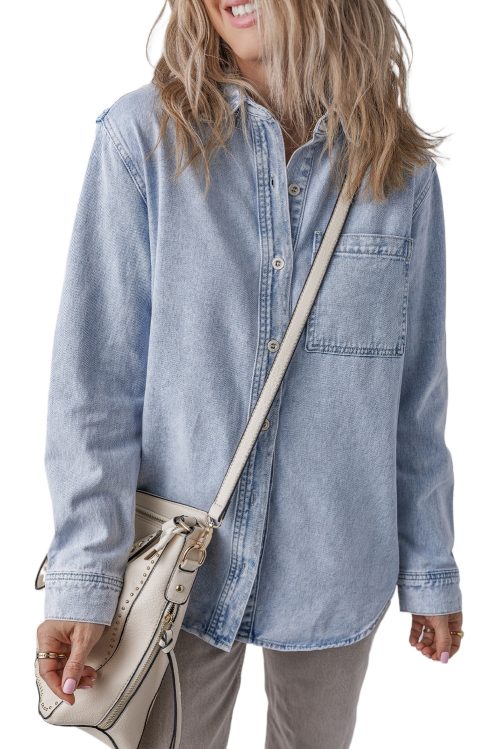 Women's Beau Blue Long Sleeve Buttoned Denim Shacket with Chest Pocket