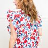 Women's Red Floral Pintuck V-Neck Top with Ruffled Sleeves - Elegant Summer Blouse - Image 2