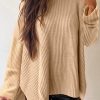 Women's Apricot Cable Knit Drop Shoulder Sweater with Side Slits - Image 2