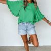 Chic Green Frilly Round Neck Blouse with Wide Half Sleeves for Women - Image 7