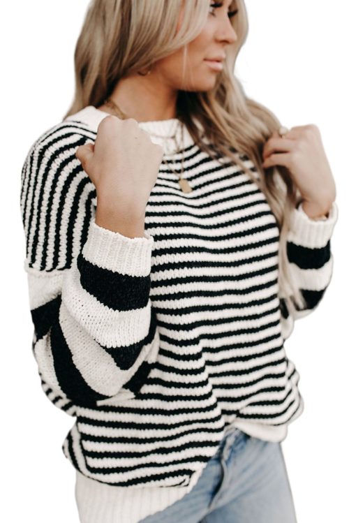 Women's Black and White Striped Drop Shoulder Bishop Sleeve Knit Sweater