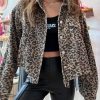 Women's Dark Khaki Leopard Print Corduroy Irregular Hem Buttoned Jacket - Image 3