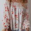 Women's White Floral Print Off Shoulder Ruffled Sleeve Blouse - Image 3