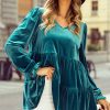 Women's Elegant Sea Green Velvet V Neck Peplum Hem Puff Sleeve Blouse - Image 2