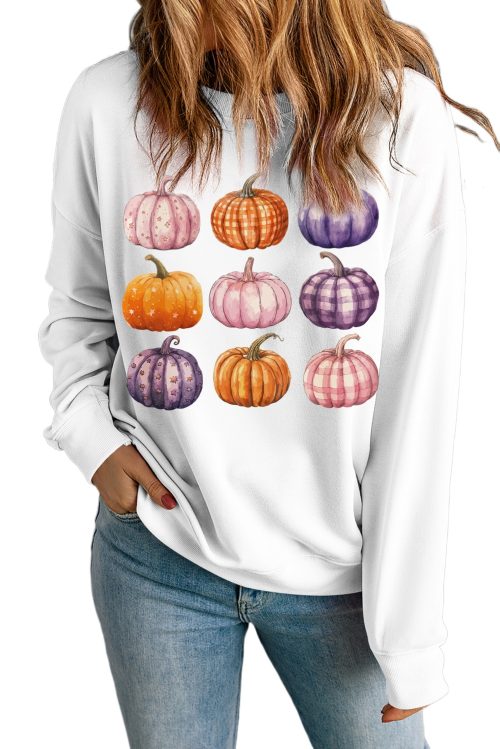 Women's Beige Halloween Pumpkin Graphic Pullover Sweatshirt